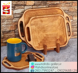 سینی چوبی 3 عددی مستطیل دو دسته چوبی